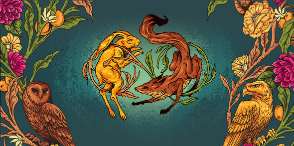 Original artwork for The Whiskymaker's Editions Equinox includes a hare, fox, owl, eagles and flowers with colours representing the changing of the seasons from summer to autumn 