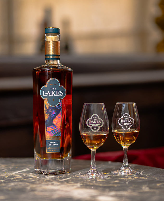 The Lakes Distillery Chocolatier Single Malt Whisky bottle with copita whisky glasses