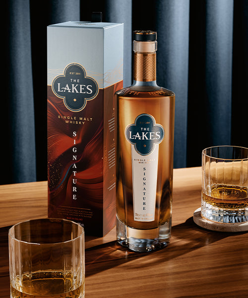 The Lakes Distillery Signature single malt whisky bottle and tumbler glasses