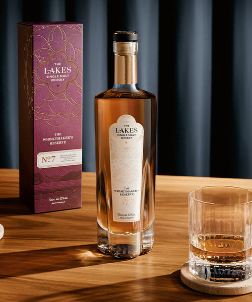 The Lakes Whiskymaker's Reserve No.7 single malt whisky bottle and tumbler glasses