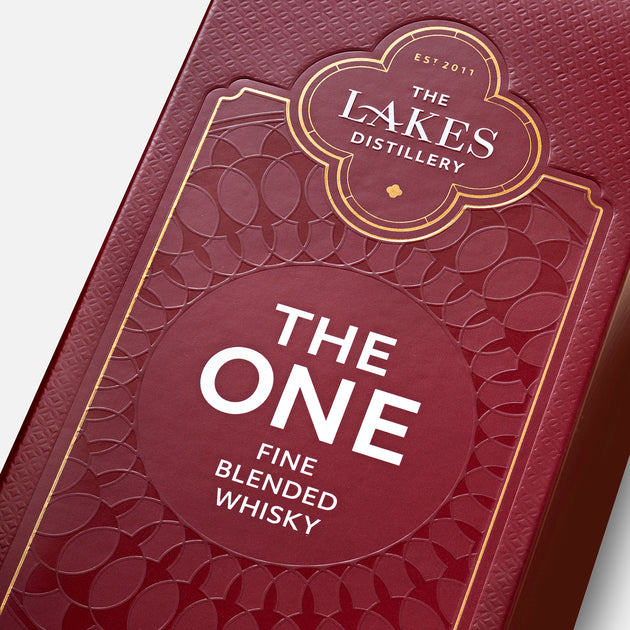 close up of the lakes distillery box of the one fine blended whisky sherry cask